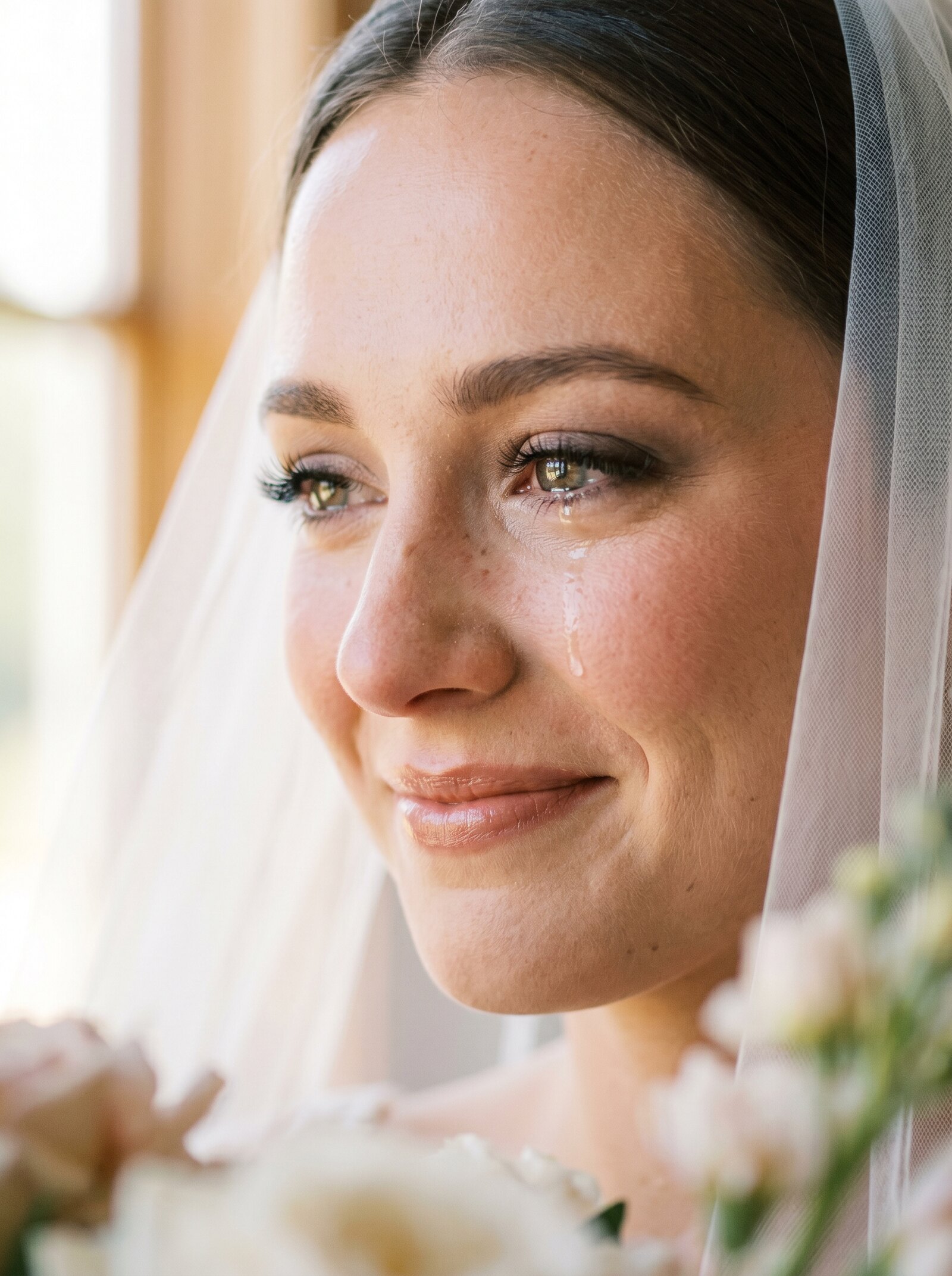A bride's tear of joy, caught in the window light — unposed, simply witnessed