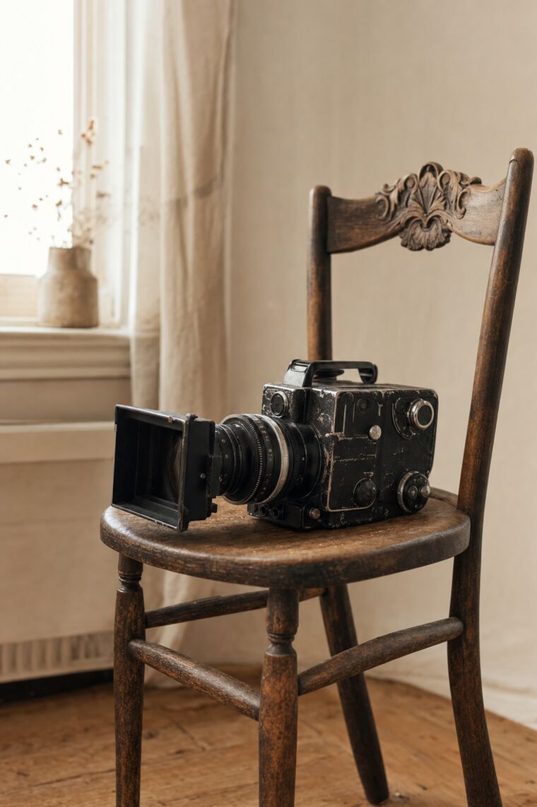 A worn camera resting in quiet daylight